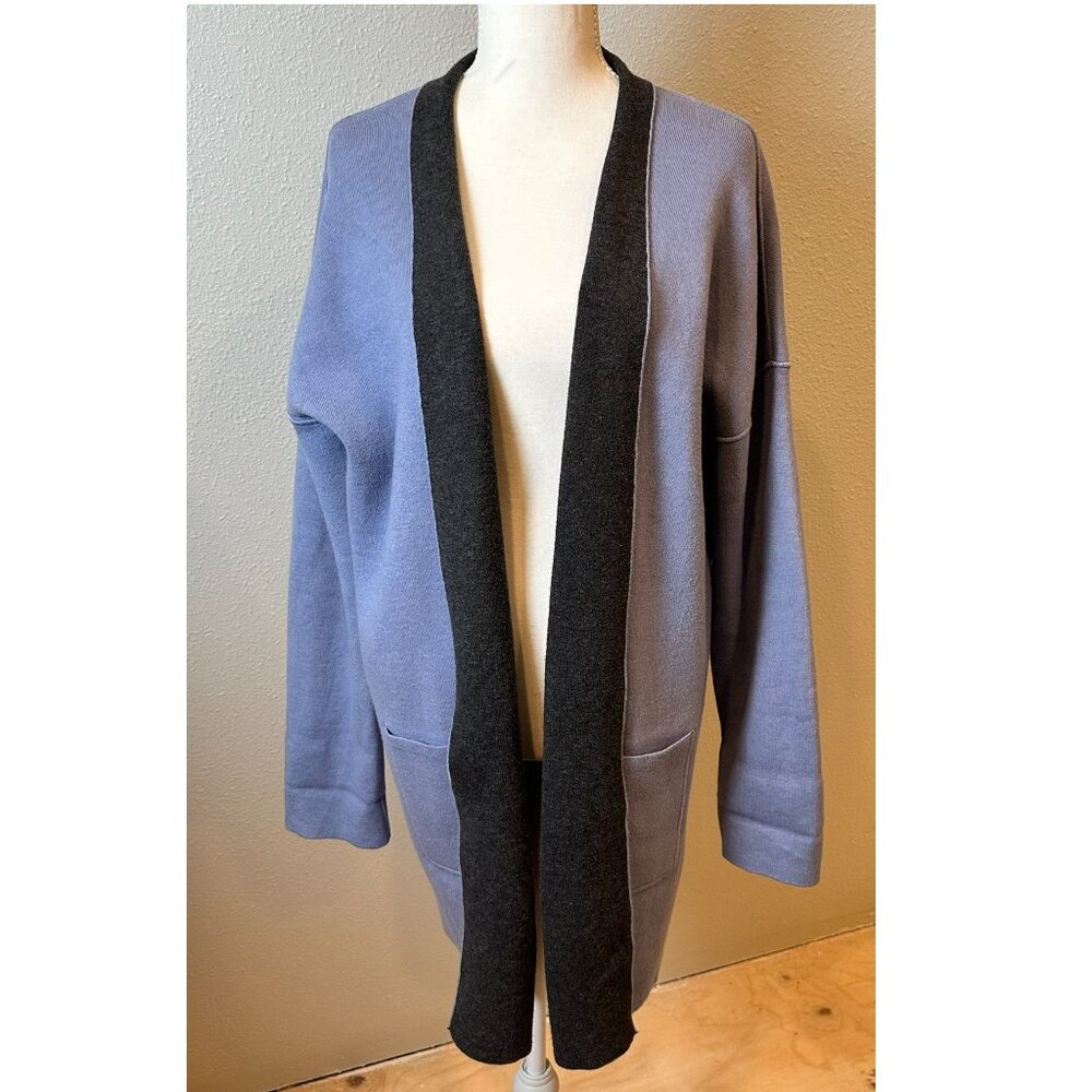 J. Jill Blue Gray Reversible Open Front Longline Cardigan Sweater Pockets Medium